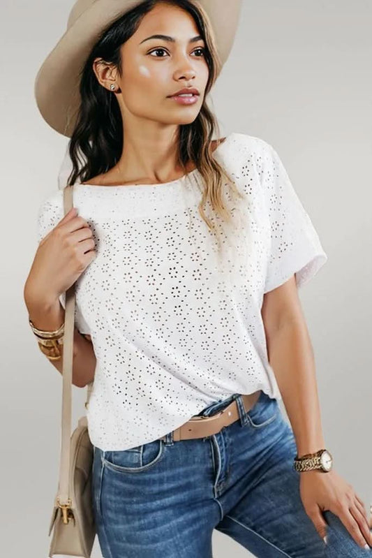 White Eyelet Pattern Boat Neck Casual Tee
