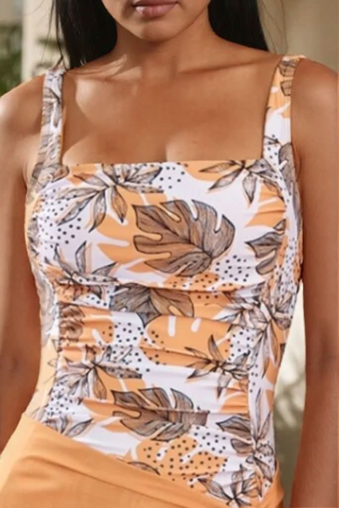 Printed Square Neck Wide Strap One-Piece Swimwear