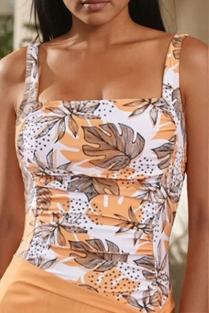 Printed Square Neck Wide Strap One-Piece Swimwear