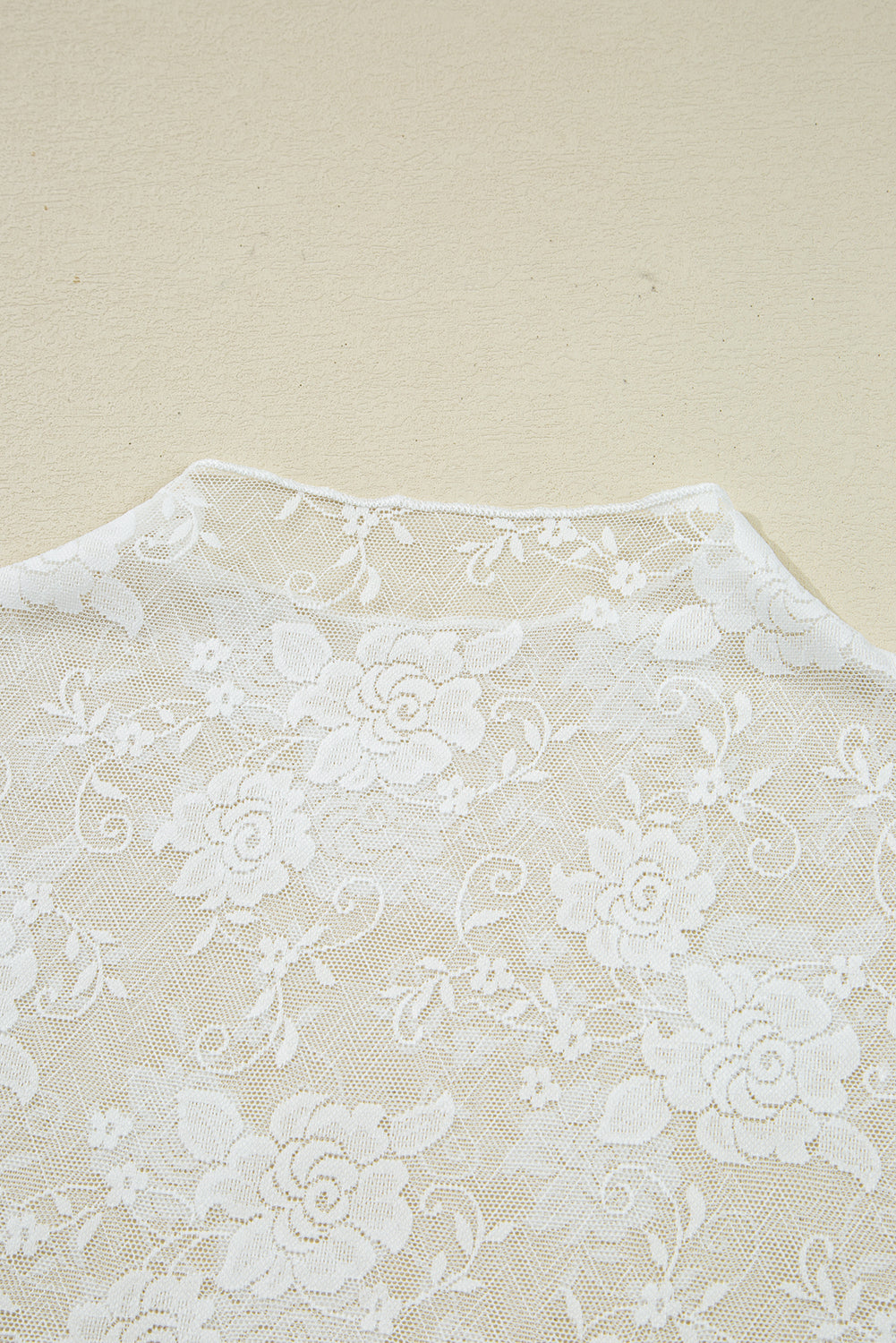 Black Sheer Floral Lace Mesh Mock Neck Long Sleeve Top White 90%Polyamide+10%Elastane