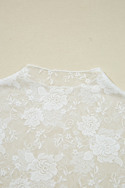 Black Sheer Floral Lace Mesh Mock Neck Long Sleeve Top White 90%Polyamide+10%Elastane