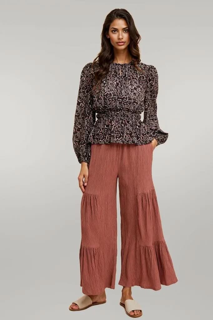 Annie Wear Abstract Print Balloon Sleeve Peplum Blouse