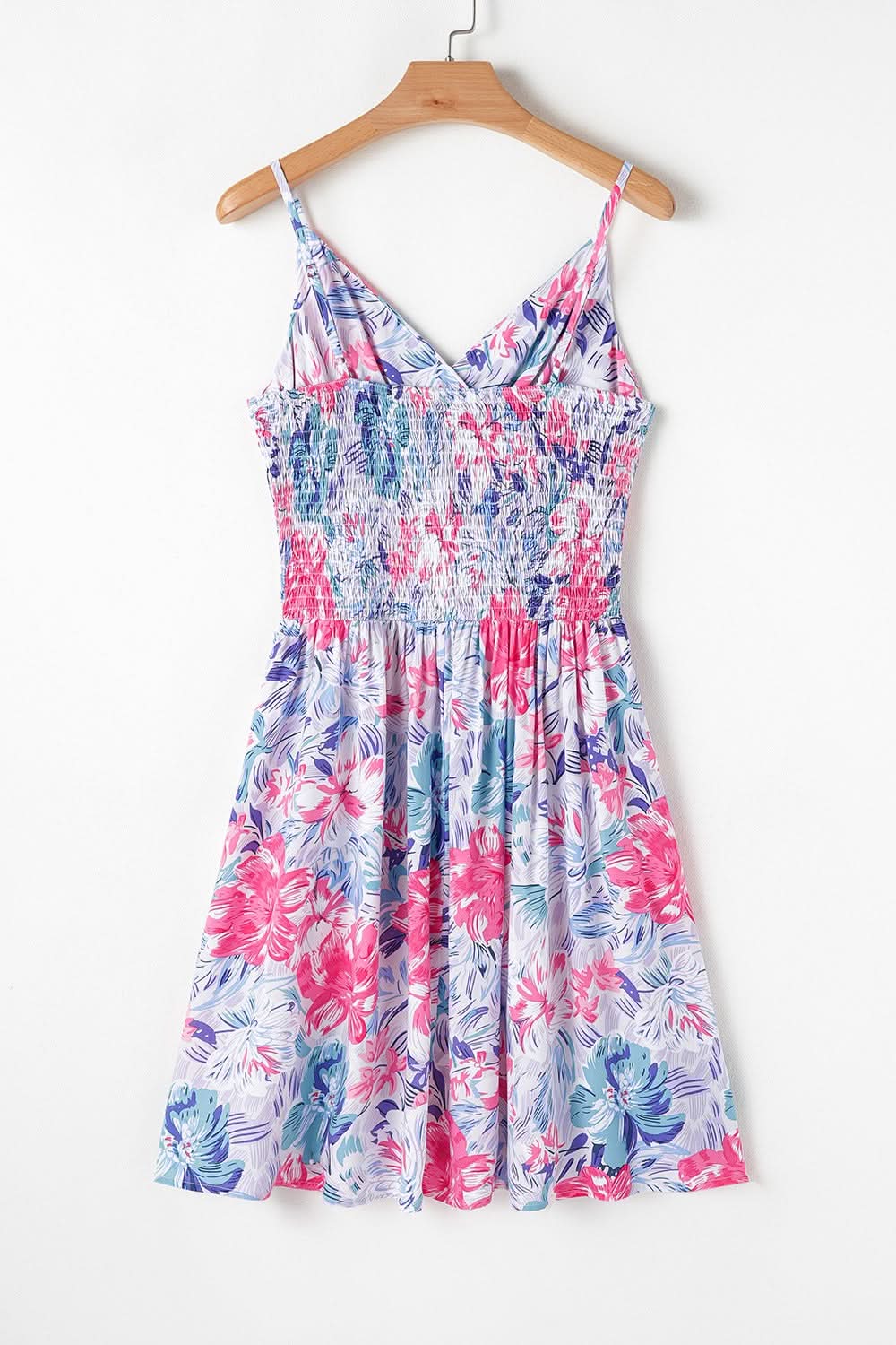 Floral Spaghetti Strap Surplice Neck Shirred Waist Mini Dress Floral