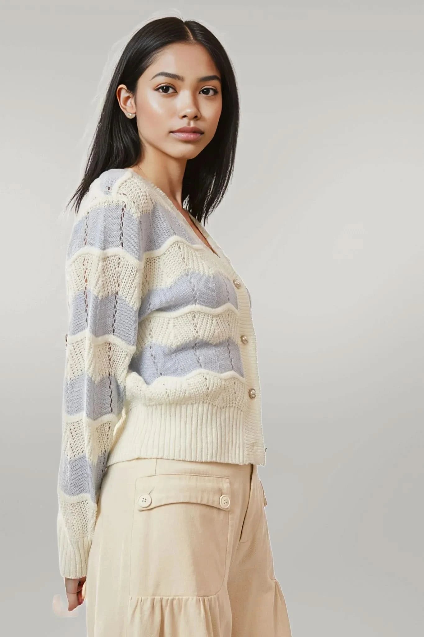 Davi & Dani Button Up Front V Neckline Cardigan Sweater