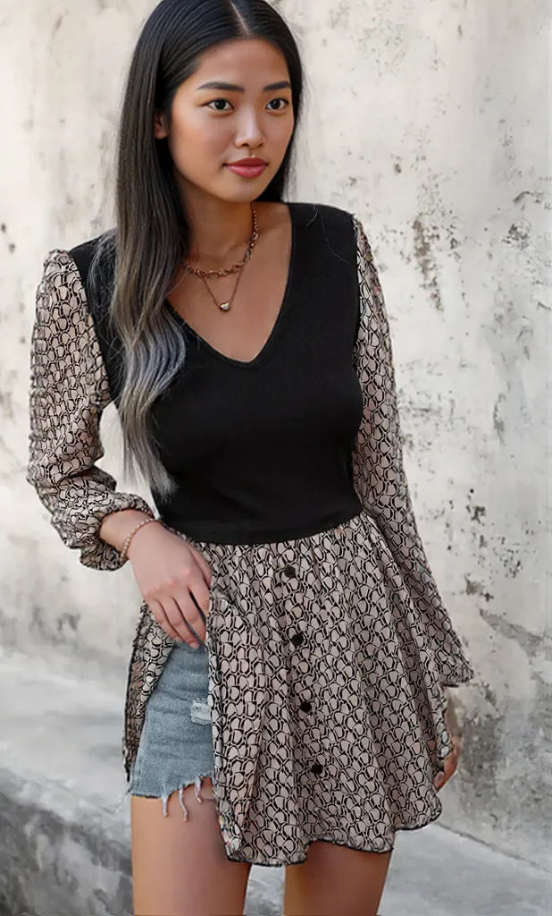 Printed V-Neck Long Sleeve Dress