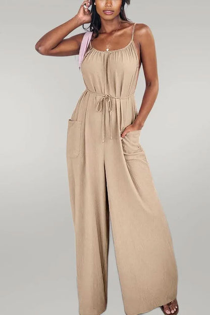 Apricot Spaghetti Straps Waist Tie Wide Leg Jumpsuit with Pockets Apricot 100%Polyester