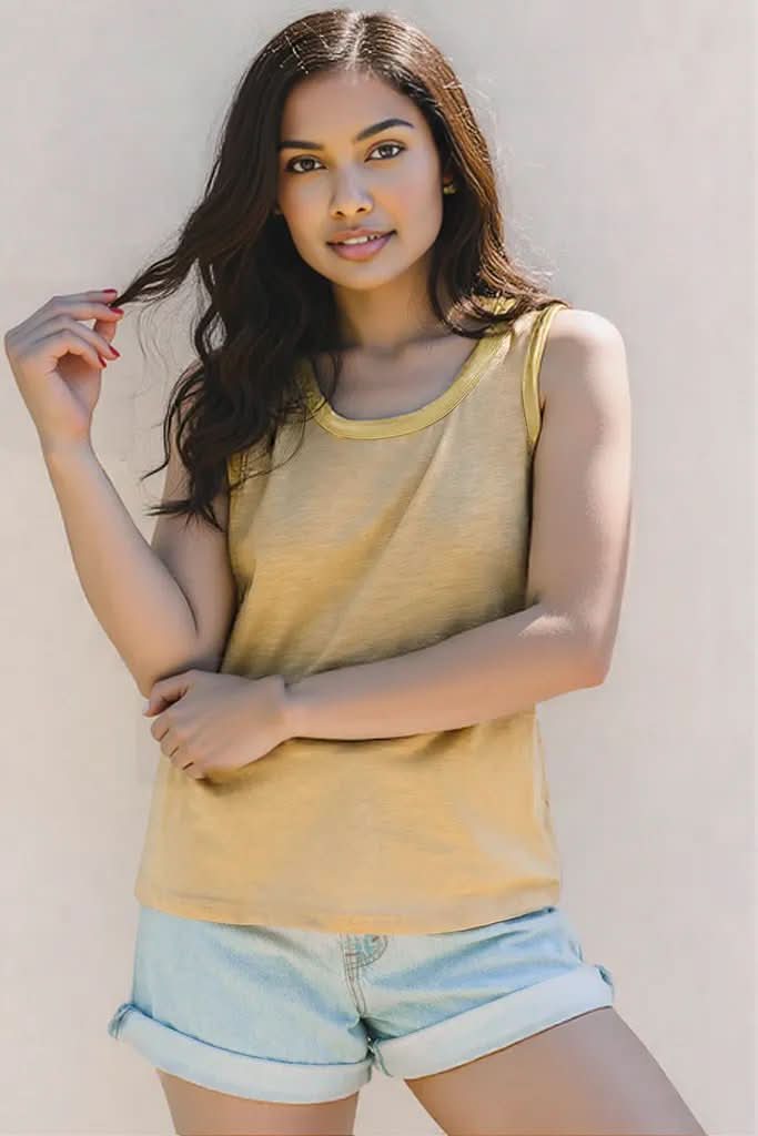 Tan Metallic Sheen Edge Scoop Neck Tank Top