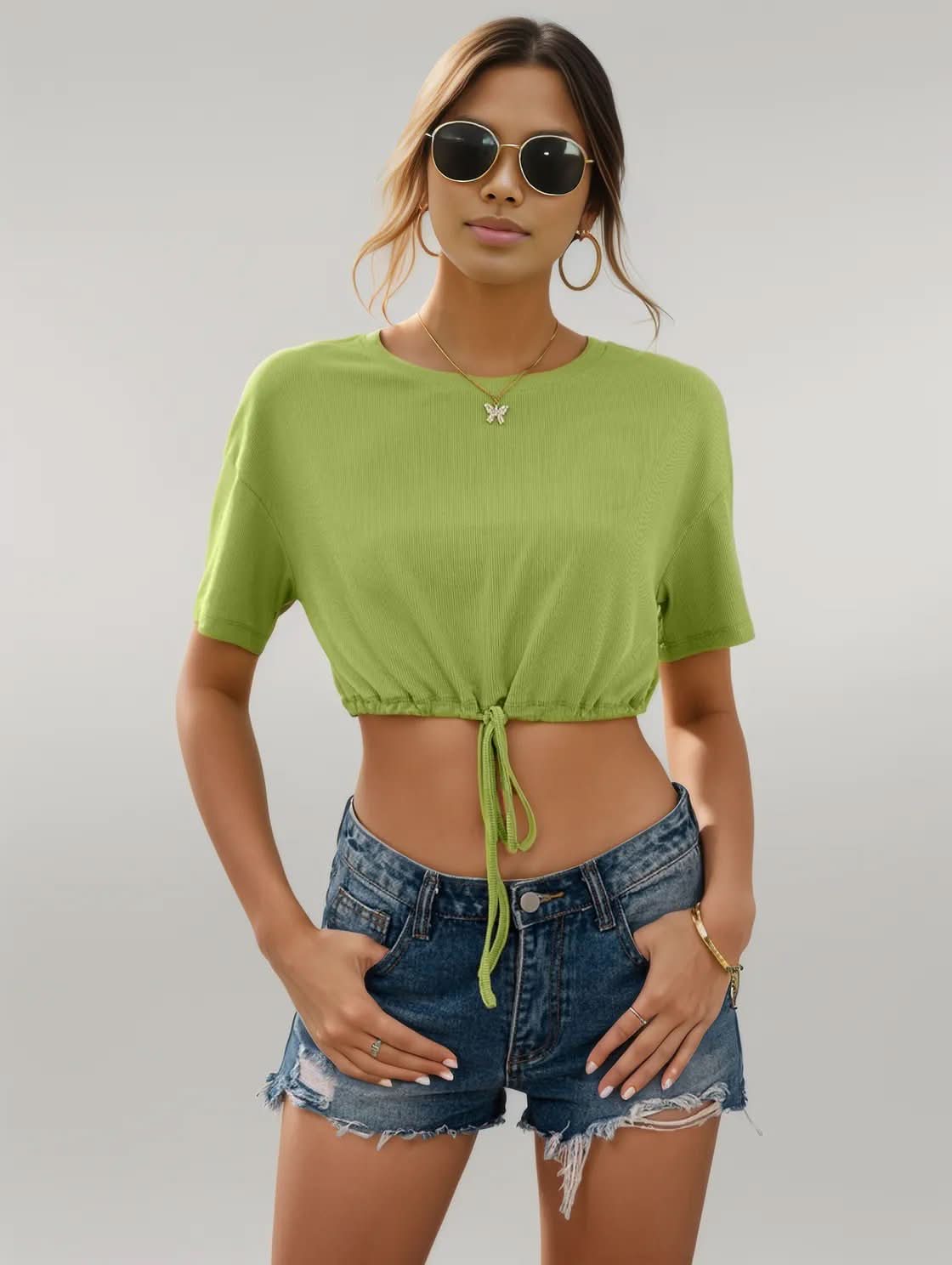 Ivy Lane Drawstring Round Neck Short Sleeve T-Shirt Yellow-Green