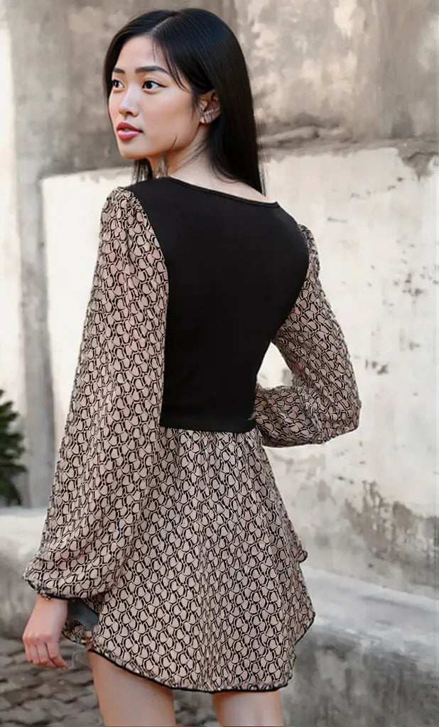 Printed V-Neck Long Sleeve Dress