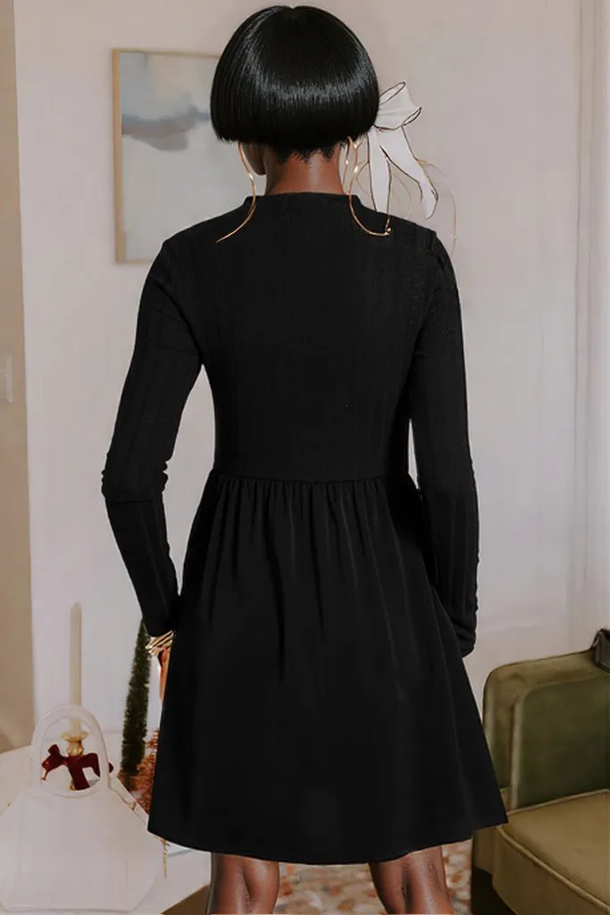 Black Frilled Neck Ribbed Knit Patchwork Long Sleeve Mini Dress
