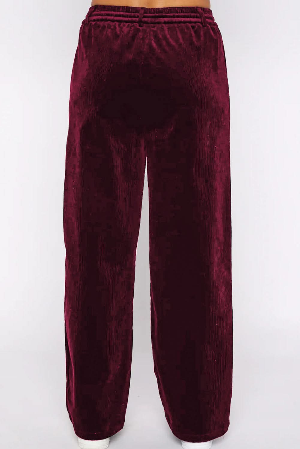 Black Solid Drawstring Waist Wide Leg Pants Burgundy 95%Polyester+5%Elastane