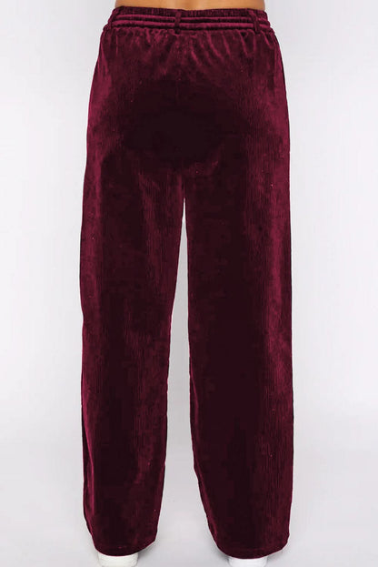 Black Solid Drawstring Waist Wide Leg Pants Burgundy 95%Polyester+5%Elastane