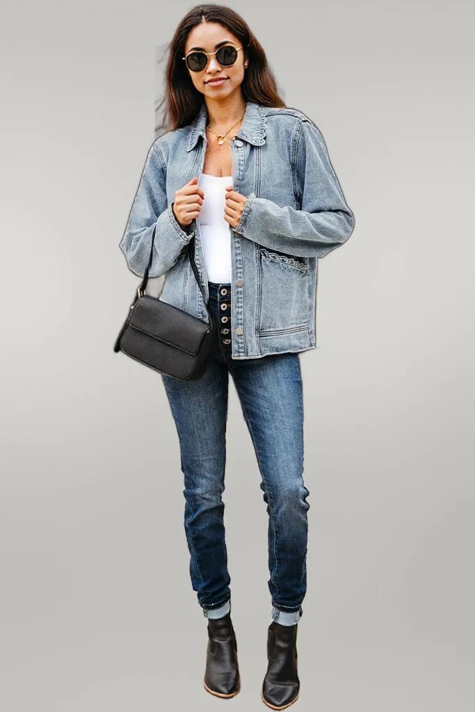 Sail Blue Scallop Trim Collar Patched Pocket Button Up Denim Jacket Myosotis 75%Cotton+25%Polyester