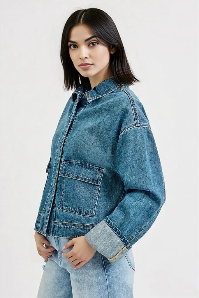 RISEN Oversized Cargo Pocket Denim Jacket with Cuffed Sleeves MEDIUM
