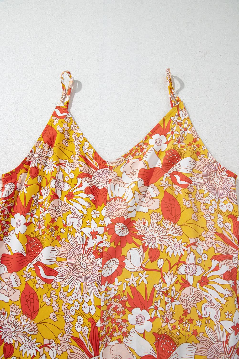 Orange Floral V Neck Wide Leg Sleeveless Jumpsuit Orange 100%Polyester
