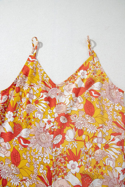 Orange Floral V Neck Wide Leg Sleeveless Jumpsuit Orange 100%Polyester