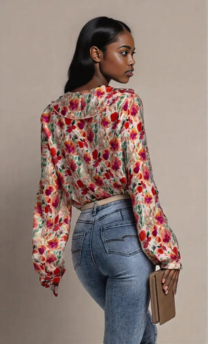 Floral Print Ruffle V-Neck Long Sleeve Blouse