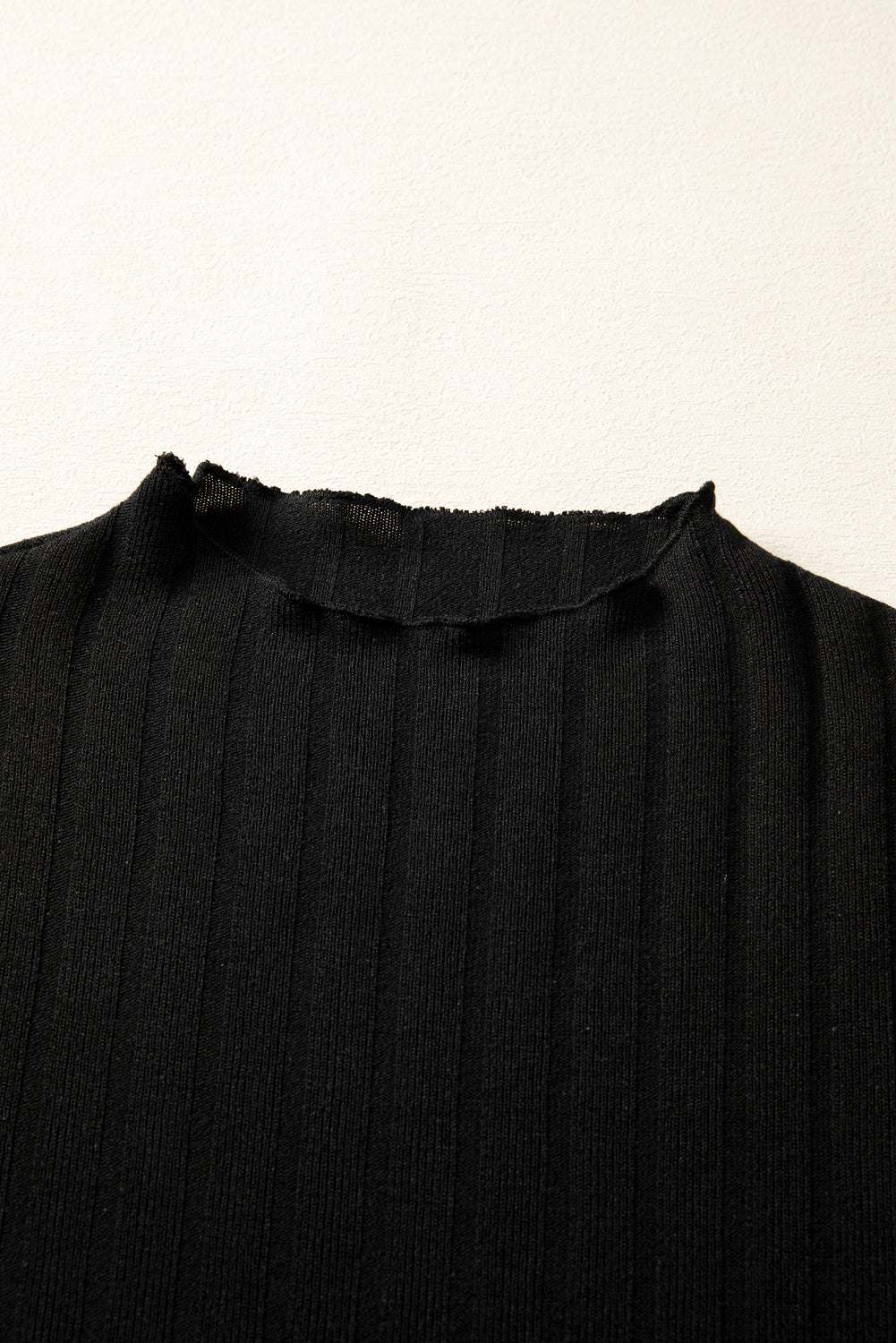 Black Frilled Neck Ribbed Knit Patchwork Long Sleeve Mini Dress Black 97%Polyester+3%Elastane