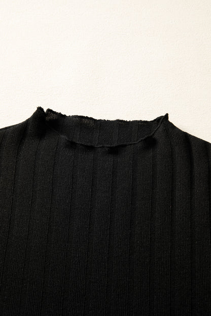 Black Frilled Neck Ribbed Knit Patchwork Long Sleeve Mini Dress Black 97%Polyester+3%Elastane