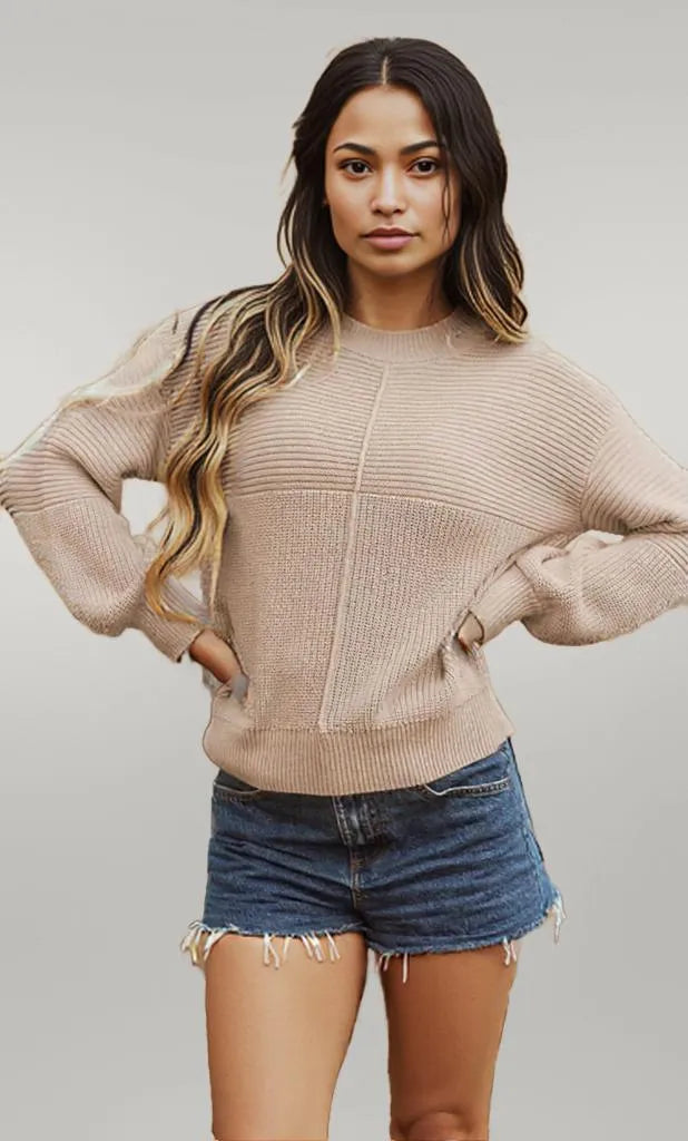 Texture Knitted Dropped Shoulder Sweater Khaki