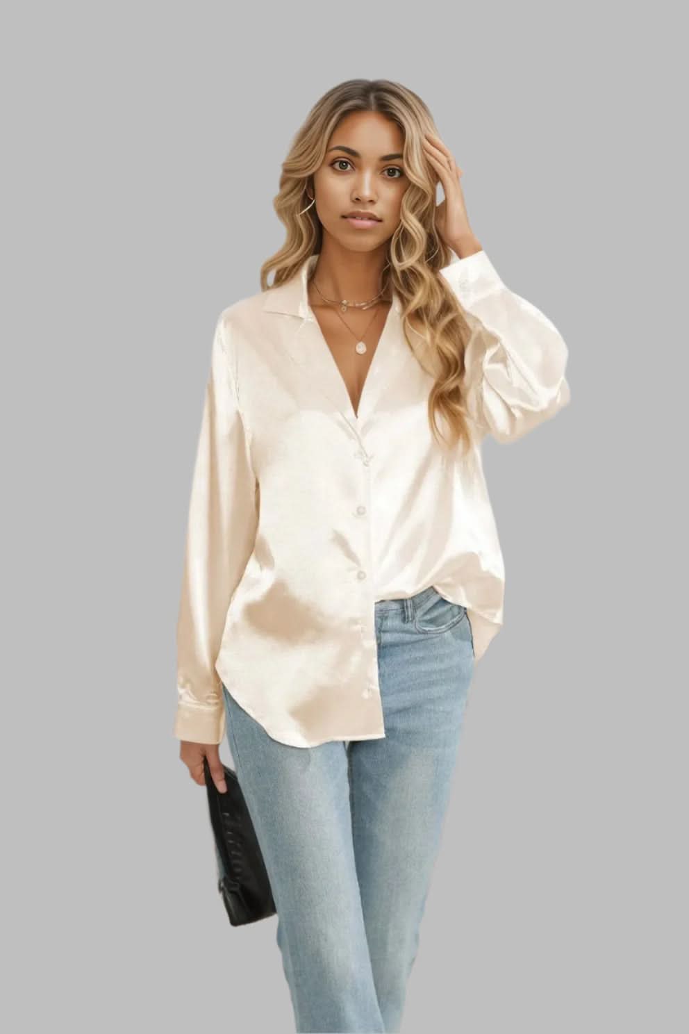 Lapel Collar Button Up Long Sleeve Shirt Tan