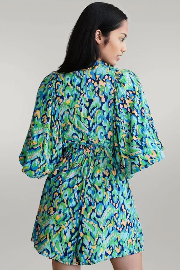 Pink Abstract Print Puff Sleeve V Neck High Waist Romper Green 100%Polyester