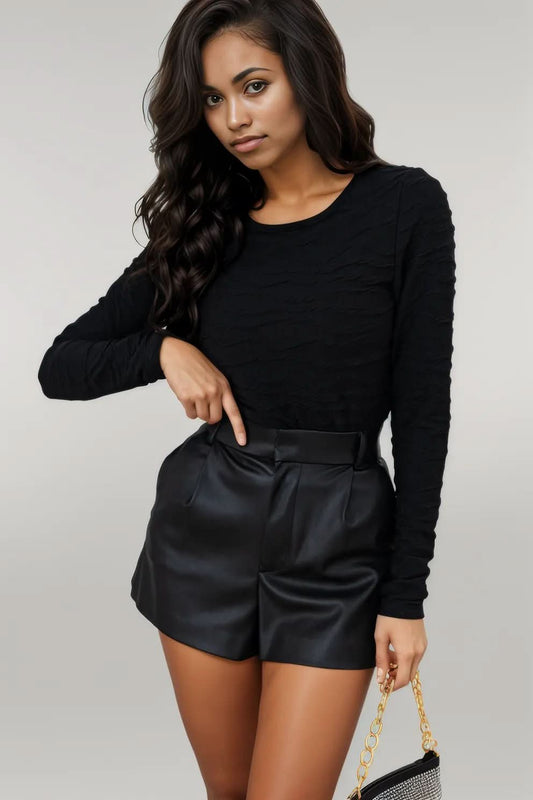 Black Solid Wavy Textured Slim Fit Long Sleeve Shirt