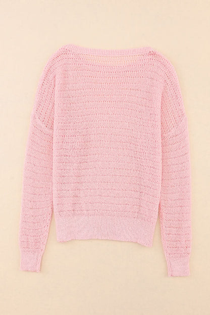 Pink Knitted Eyelets Round Neck Long Sleeve Top Pink 100%Polyester