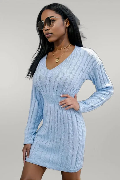 Cable-Knit V-Neck Long Sleeve Mini Sweater Dress