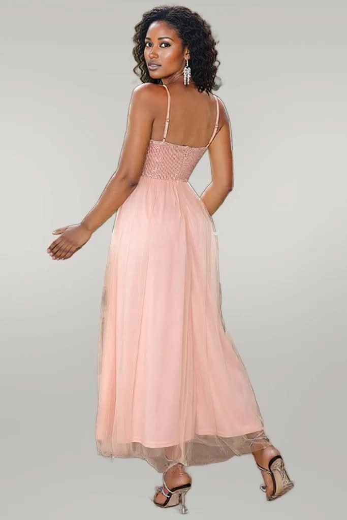 Spaghetti Strap Slit Mesh Dress