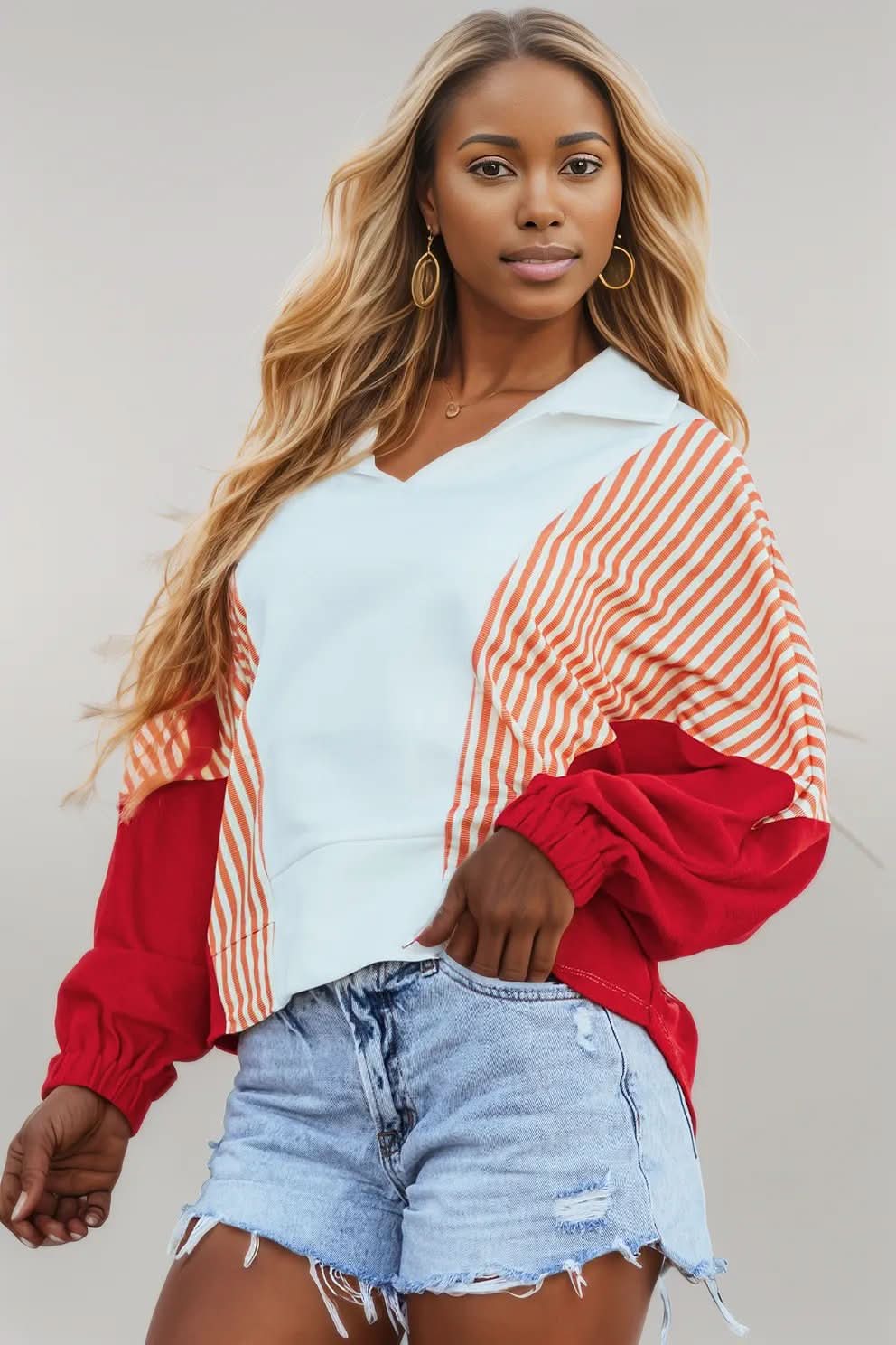 White Striped Color Block Collared V Neck Oversized Sweatshirt White 90%Cotton+10%Polyester