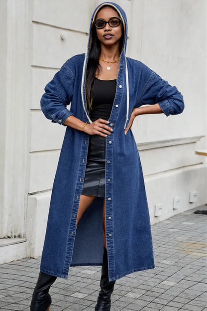 Button Up Long Sleeve Longline Hooded Denim Outerwear Dark