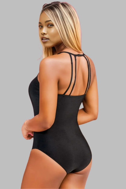 Black Sleeveless Strappy Halter Neck Sexy One Piece Swimsuit Black 82%Polyamide+18%Elastane