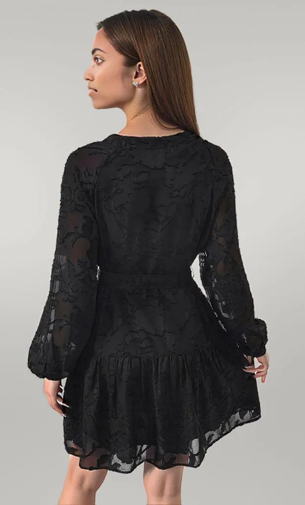Button-Front Balloon Sleeve Mini Dress Black
