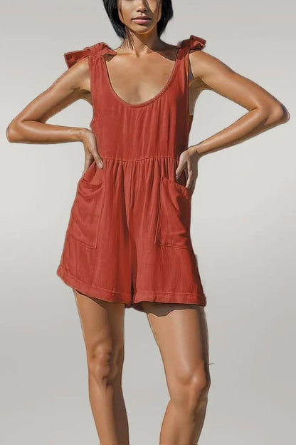 Full Size Scoop Neck Tie Shoulder Romper Caramel
