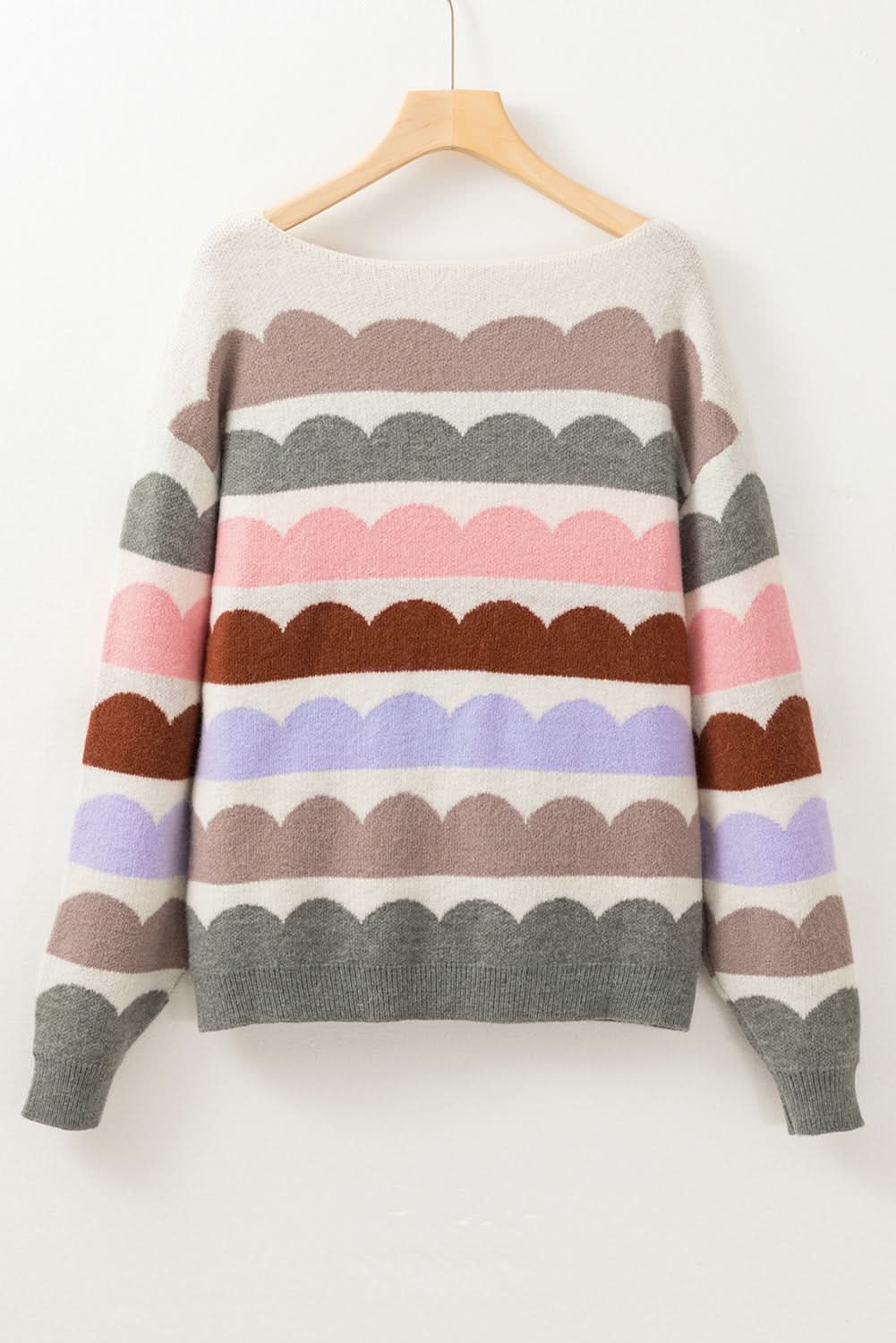 Rose Red Wave Striped Balloon Sleeve Drop Shoulder Sweater Rose Red 42%Acrylic+30%Polyester+28%Polyamide