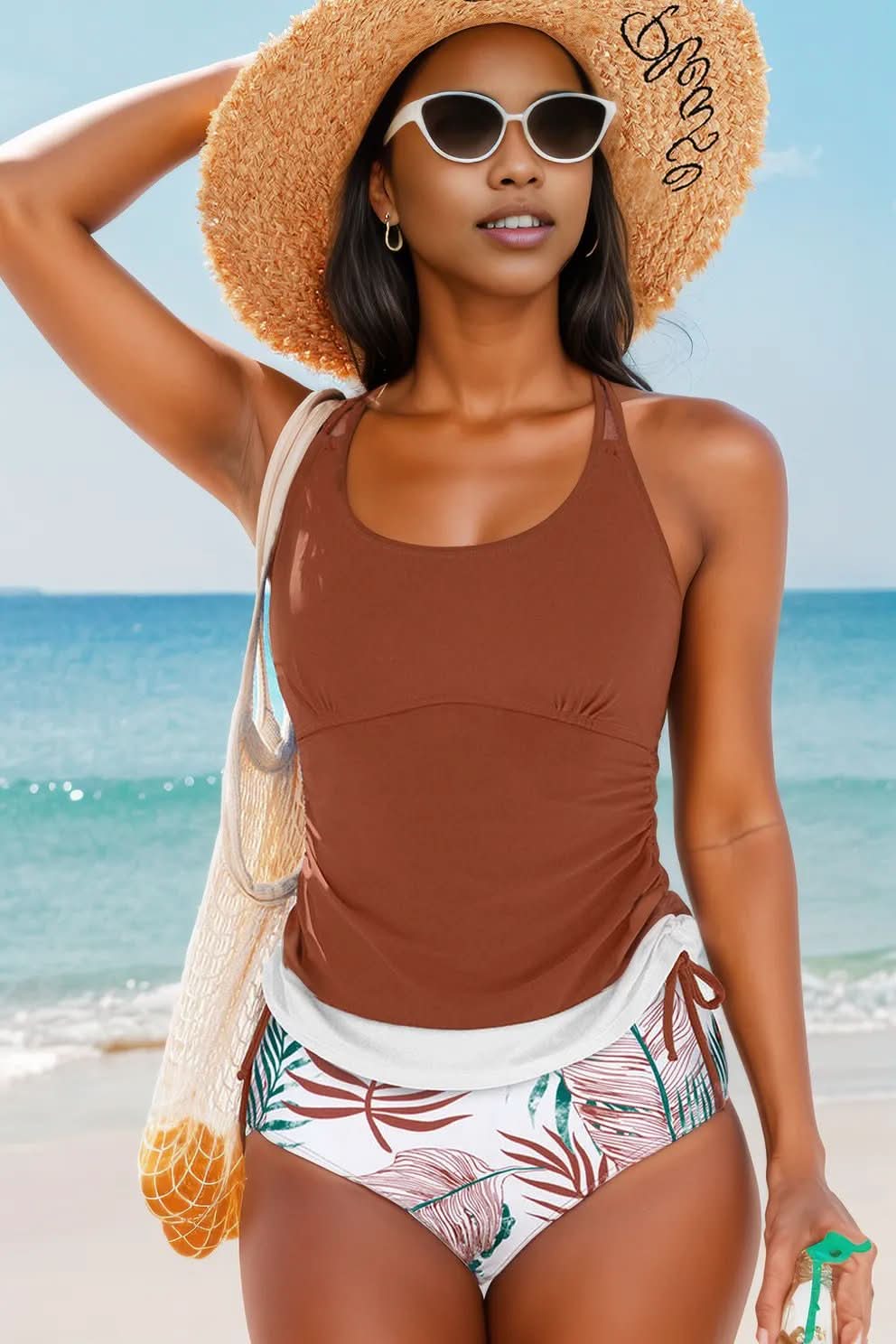 Mineral Red Drawstring Tummy Control Mix-and-match 2pcs Tankini Swimsuit Mineral Red 82%Polyamide+18%Elastane