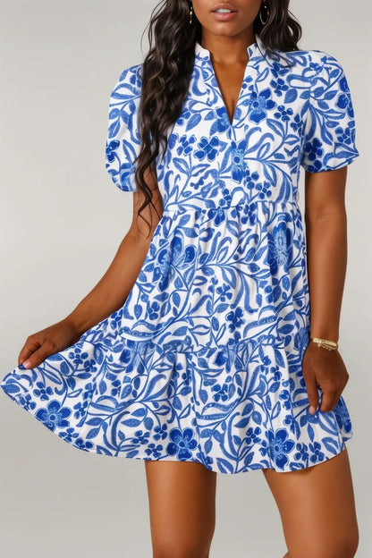 Blue Flower Print Puff Sleeve Tiered Dress Blue 100%Cotton