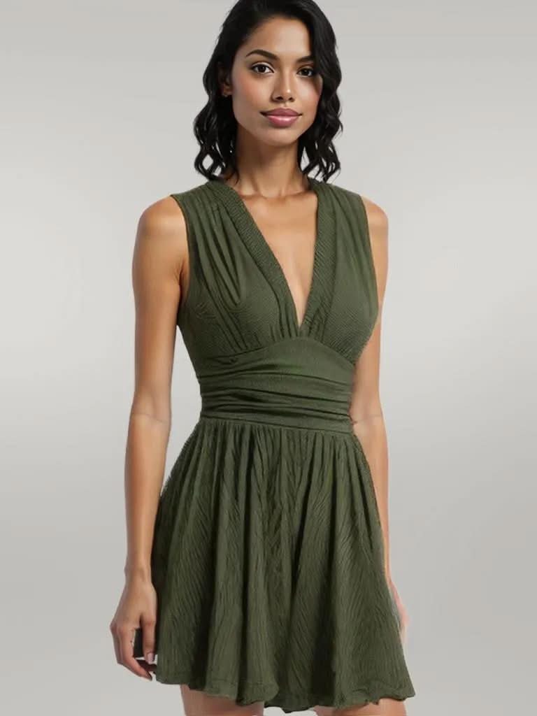Ruched Plunge Sleeveless Romper Army Green