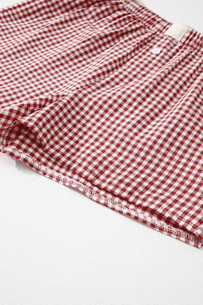 Red Plaid Gingham Printed High Waist Shorts Red Stripe 100%Polyester