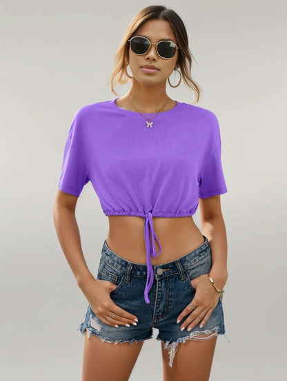 Ivy Lane Drawstring Round Neck Short Sleeve T-Shirt Red-Violet
