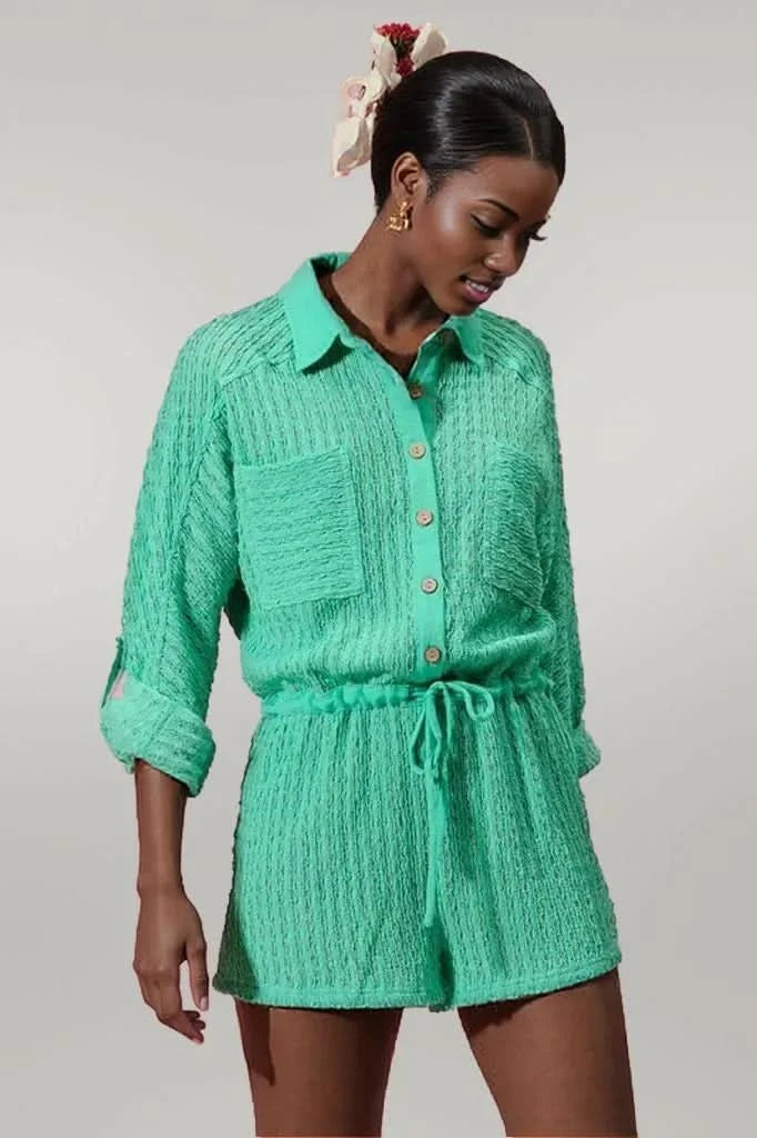 SO ME Textured Knit Button Front Romper