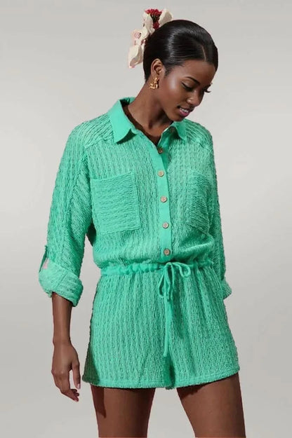 SO ME Textured Knit Button Front Romper