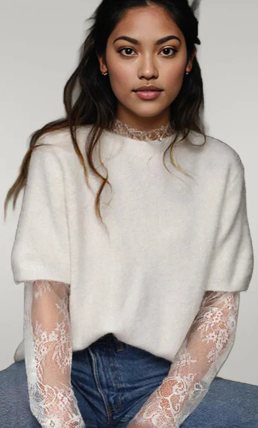 Lace Sleeve Patchwork Faux Two-piece Fuzzy Sweater White