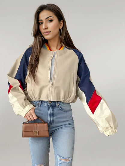 Contrast Baseball Collar Zip Up Long Sleeve Jacket Beige