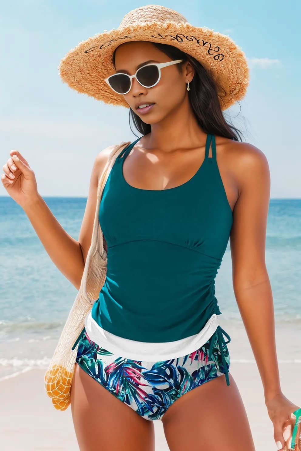Mineral Red Drawstring Tummy Control Mix-and-match 2pcs Tankini Swimsuit Sea Green 82%Polyamide+18%Elastane
