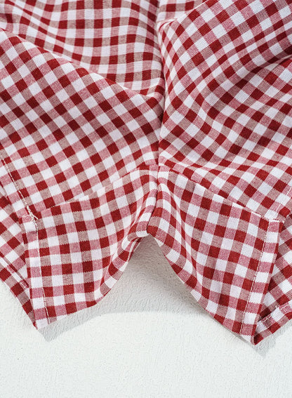 Red Plaid Gingham Printed High Waist Shorts Red Stripe 100%Polyester