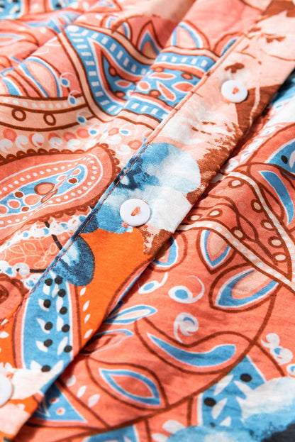 Orange Floral Print Shirred Cuff Buttoned Loose Shirt Orange 81%Viscose+19%Polyamide