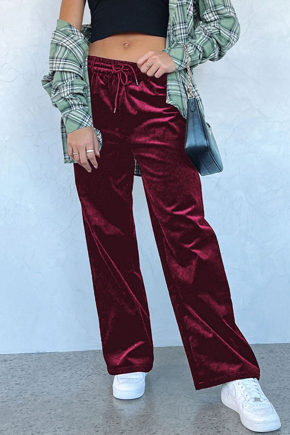 Black Solid Drawstring Waist Wide Leg Pants Burgundy 95%Polyester+5%Elastane