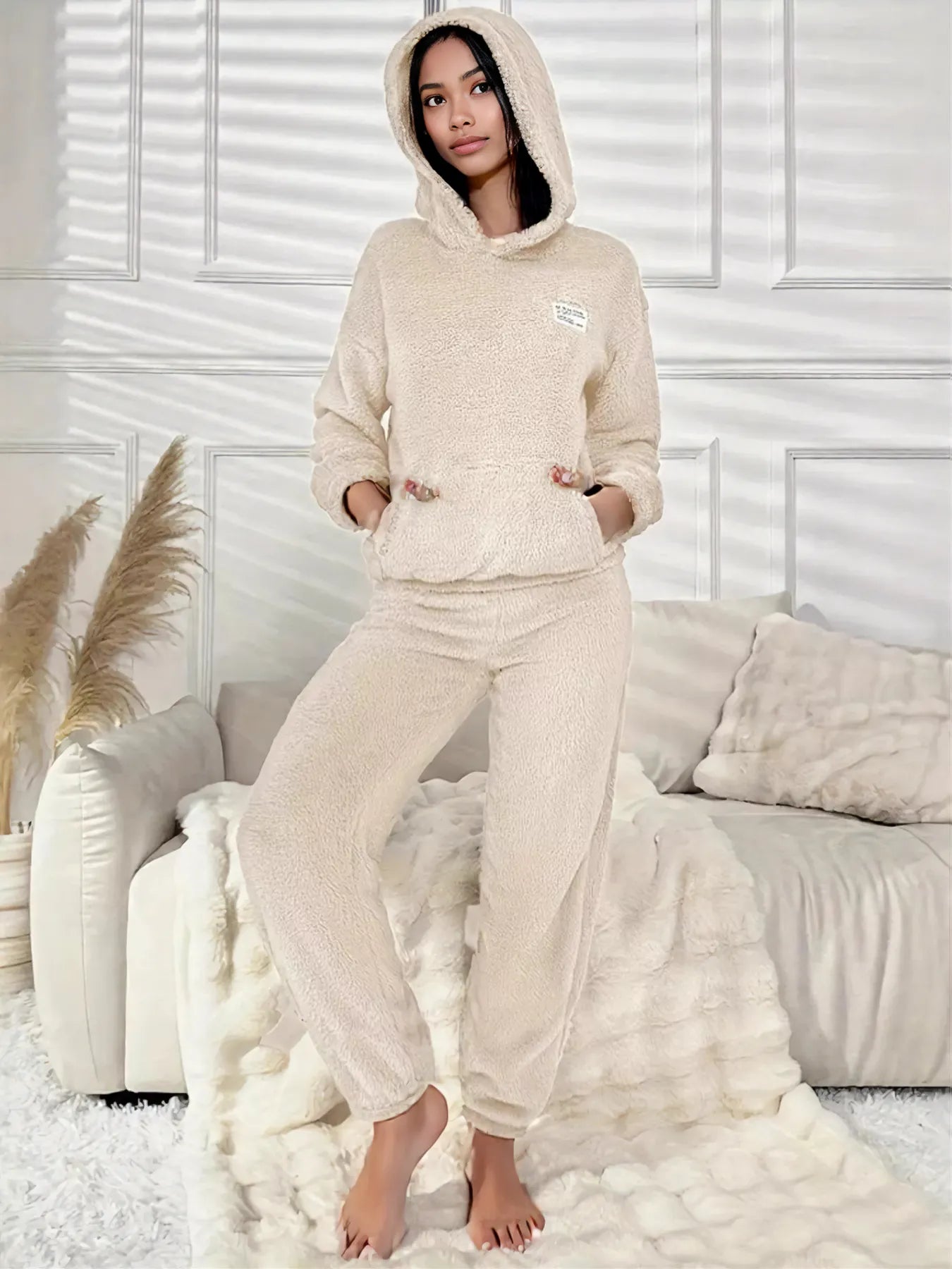 Kangaroo Pocket Long Sleeve Hoodie and Pants Lounge Set Beige